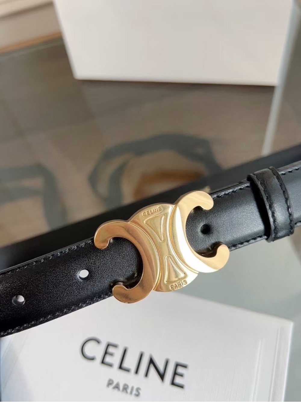 Celine Women’s Black Leather Triomphe Belt with Gold Buckle